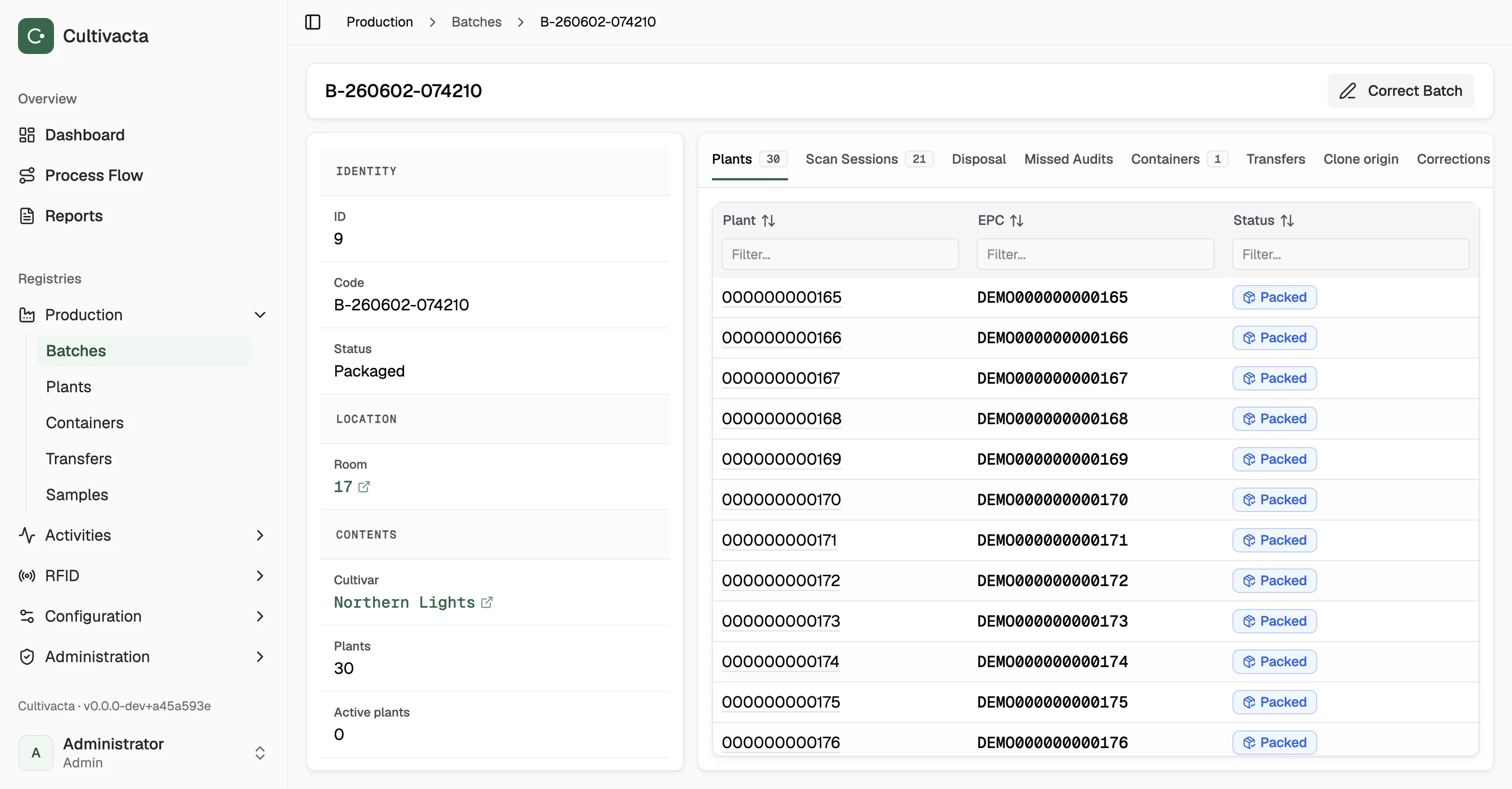 Cultivacta batch record with room, plants and related scan-session history.